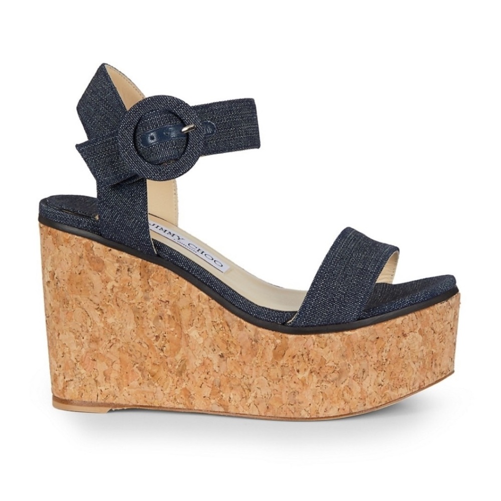 Jimmy Choo Abigail Denim Chambray Chunky Platform Cork Wedge Sandal Heels 39 - Picture 2 of 15